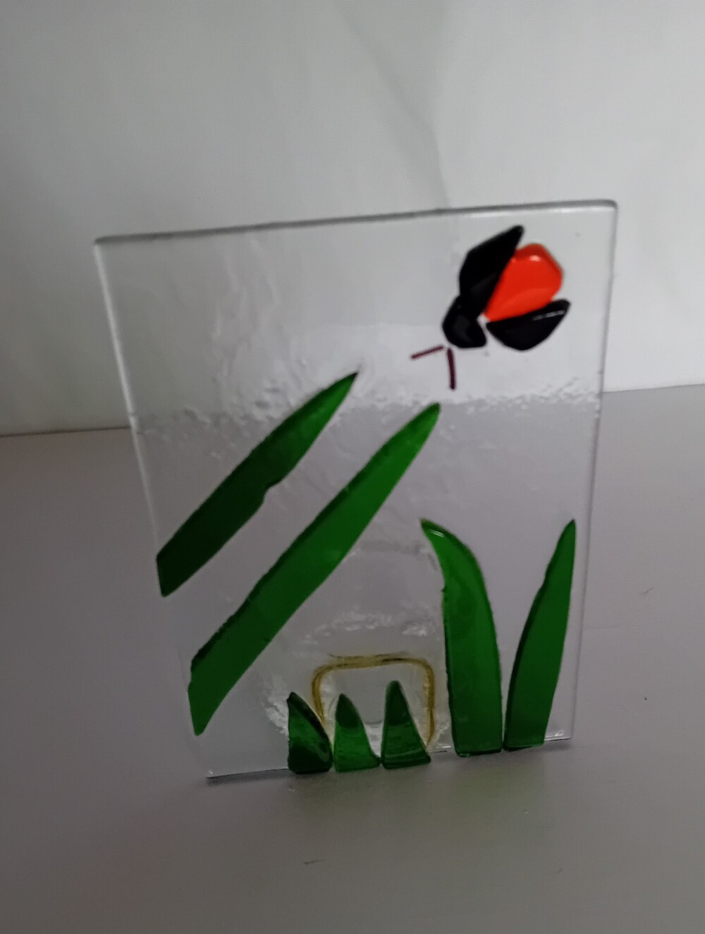 Handmade Glass Art Fused Glass Tealight Holder Ladybug Ladybird Green Leaves